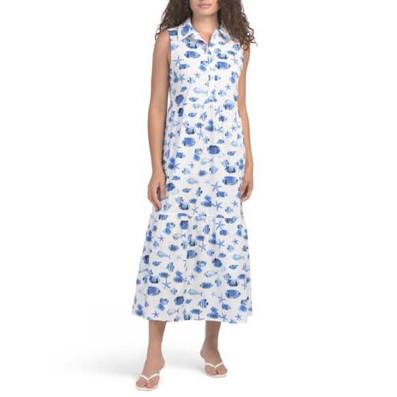 RACHEL ZOE WHITE DENIM Fish Print Maxi Shirt Dress - Picture 1 of 2